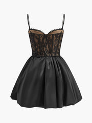 Pleated Satin-Hem Lace Cami Dress