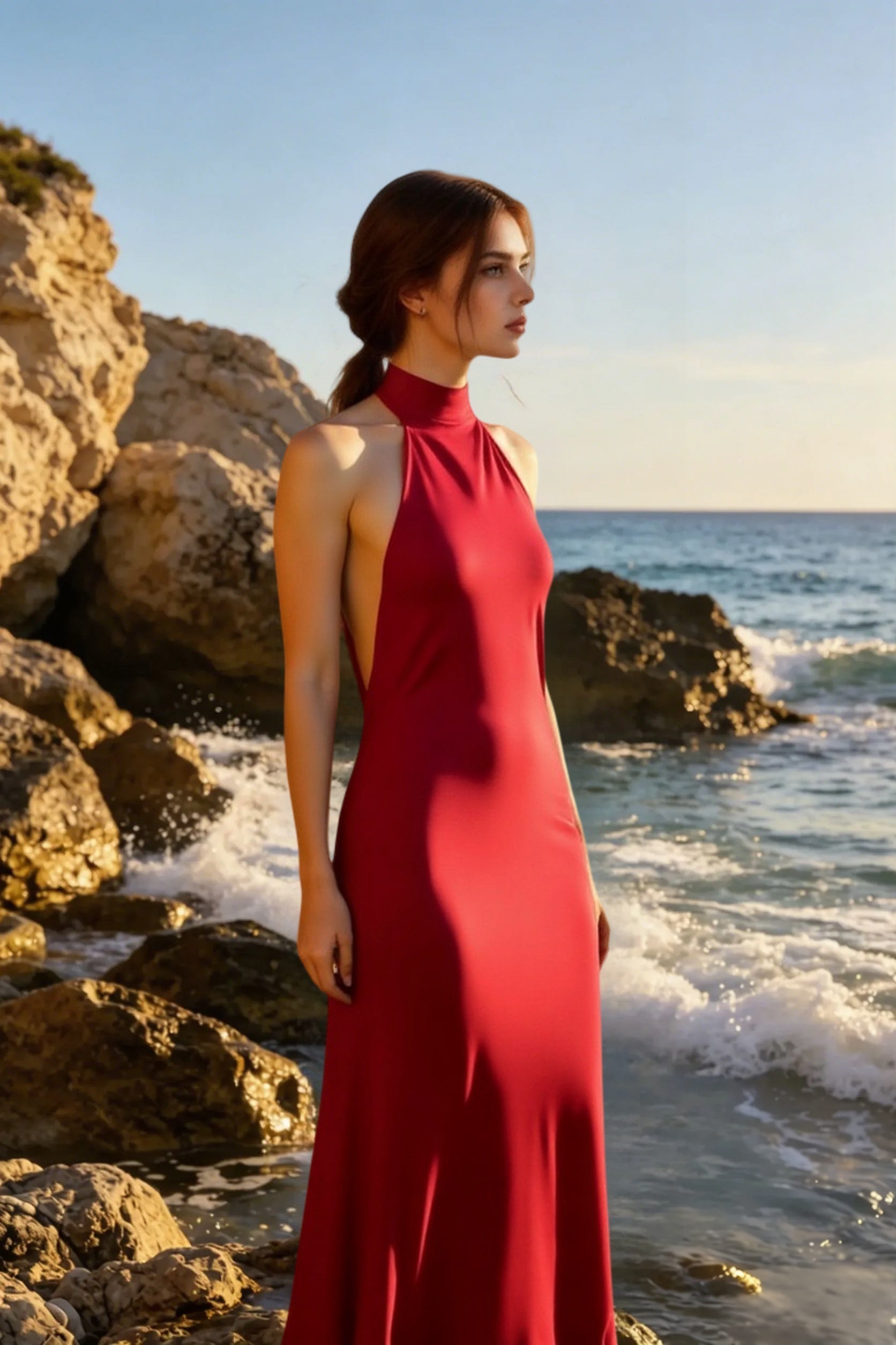 Backless Satin Solid Silk Dress