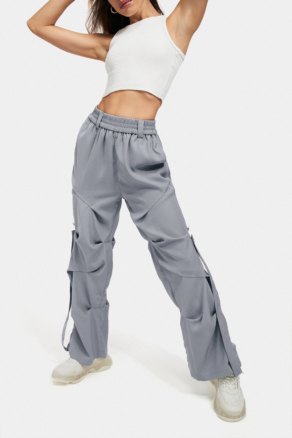 High Waist Ruched Strap Detail Straight Pants