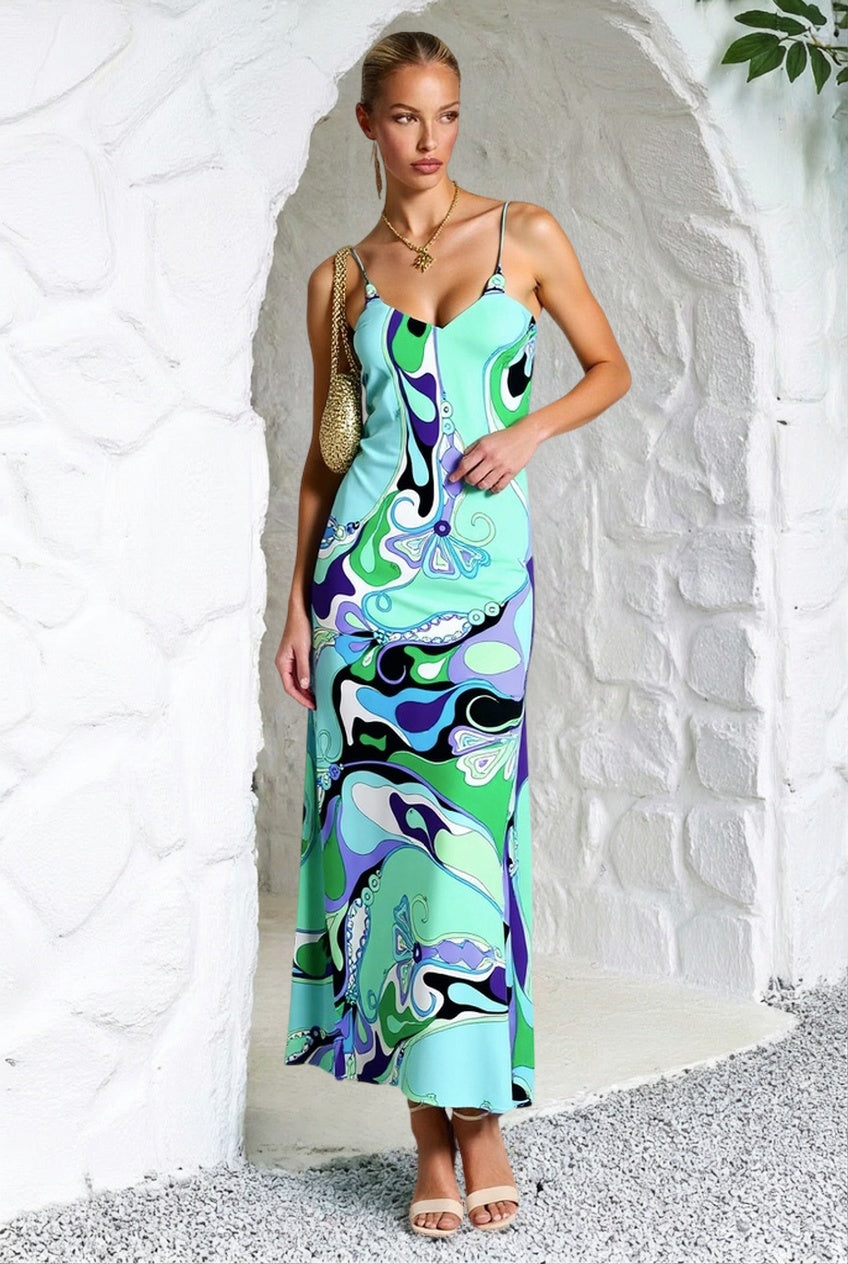 Printed Satin Cami Slit Silk Dress
