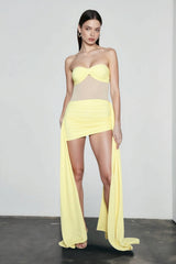 Bustier Backless Ruched Mesh Bodycon Dress