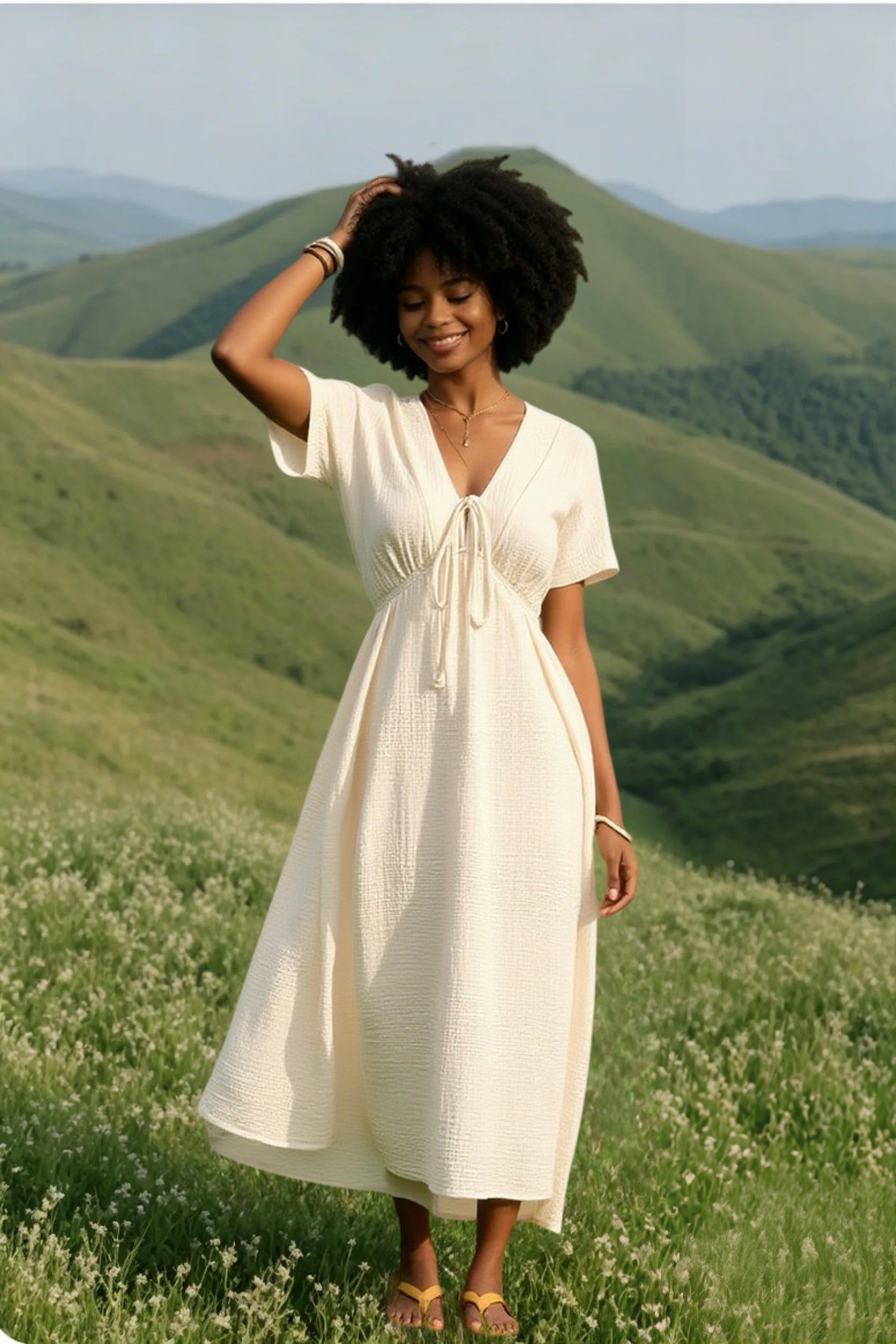 Bohemian Deep V Tie Waist Flowy Boho Dress