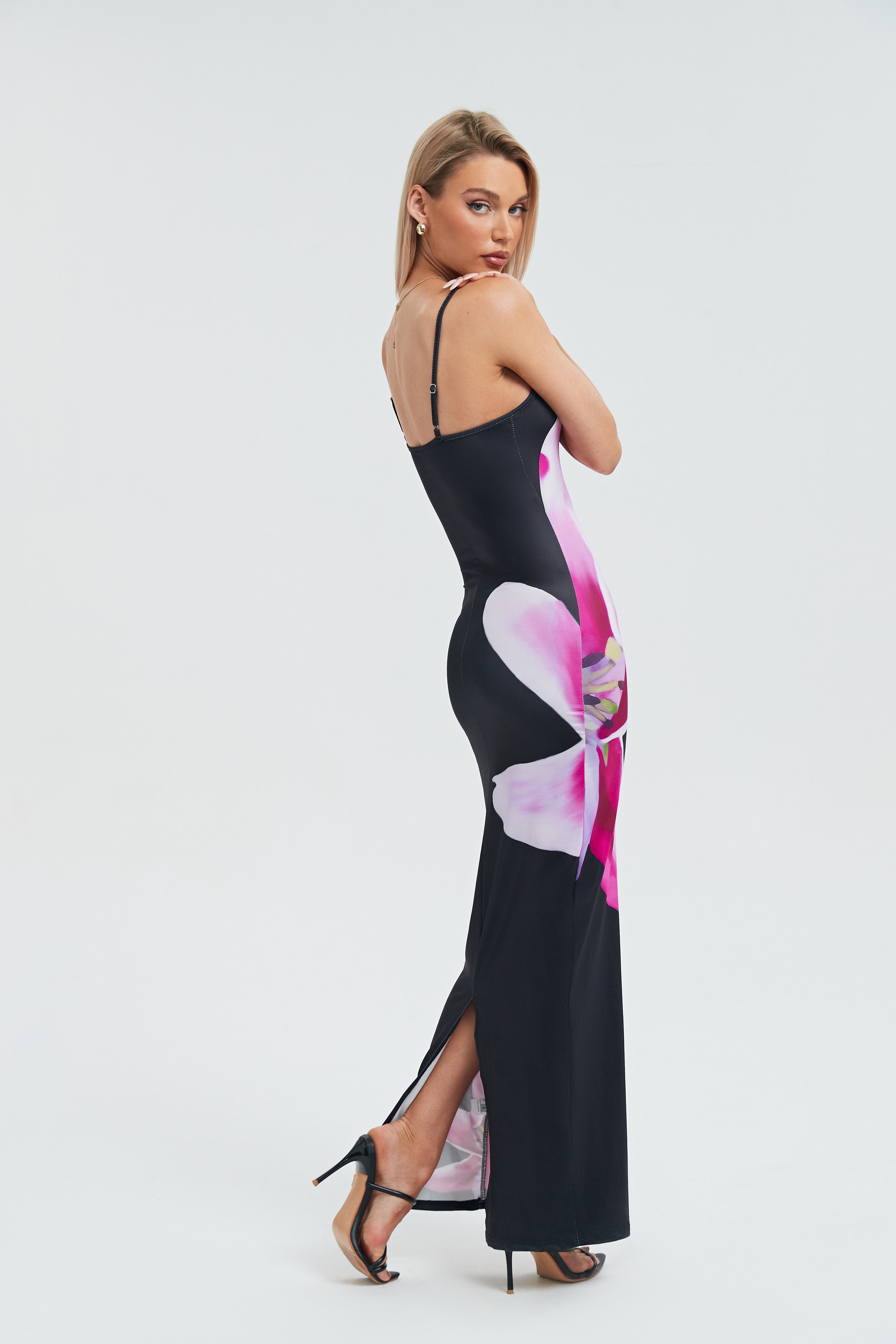 Plunging Neck Floral Print Split Hem Maxi Dress