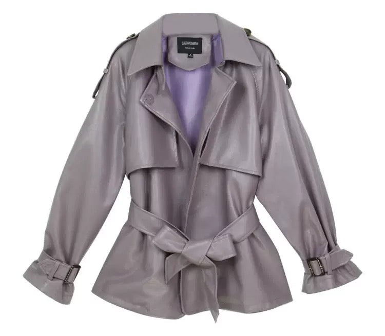 Stand Collar Belted PU Leather Quilted Jacket