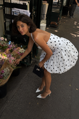 Black and White Polka Dot Ruched Halter Mini Dress
