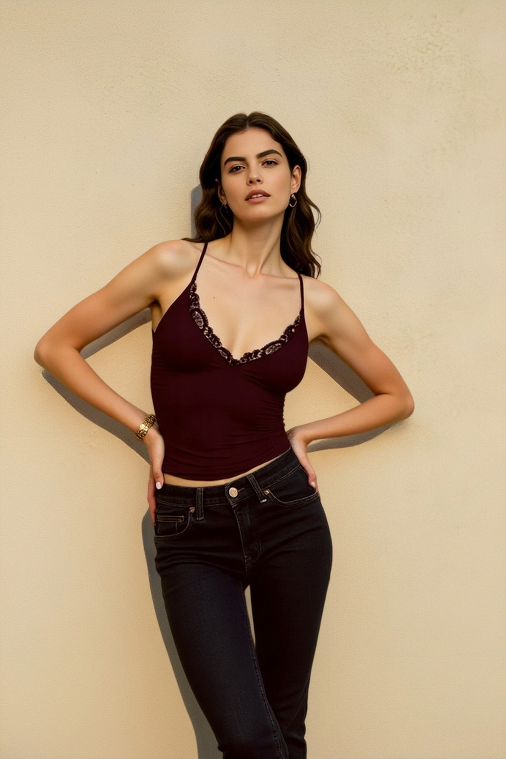 Lace Panel Low V-Neck Cami Top