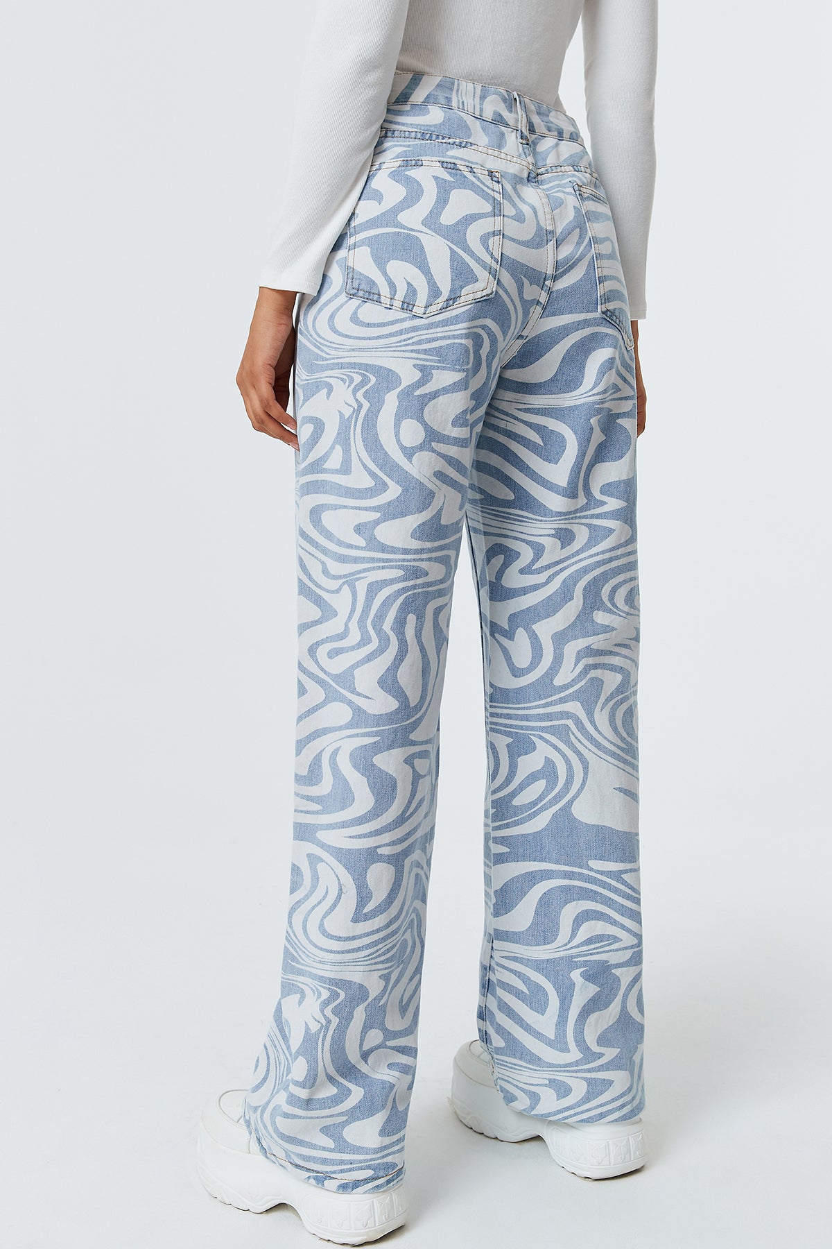Wave Print High Waist Straight-leg Jeans