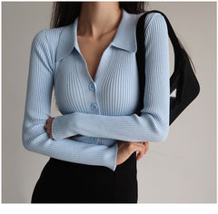 Button Up V-Neck Collar Long Sleeve Rib Knit Top