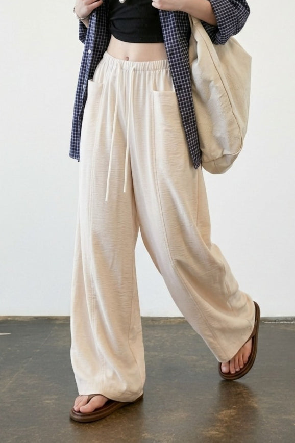 Linen Blend Relaxed Wide Leg Draped Pants