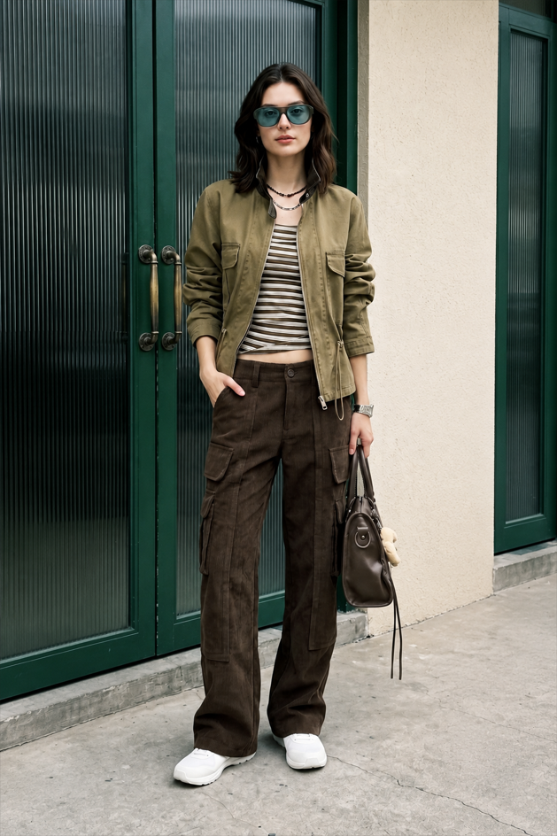 Corduroy Paneled Double Pocket Cargo Pants