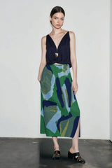 Color Block Print Pleated Vacation Skirt