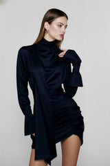Matte Satin Bell Sleeve Mandarin Silk Dress