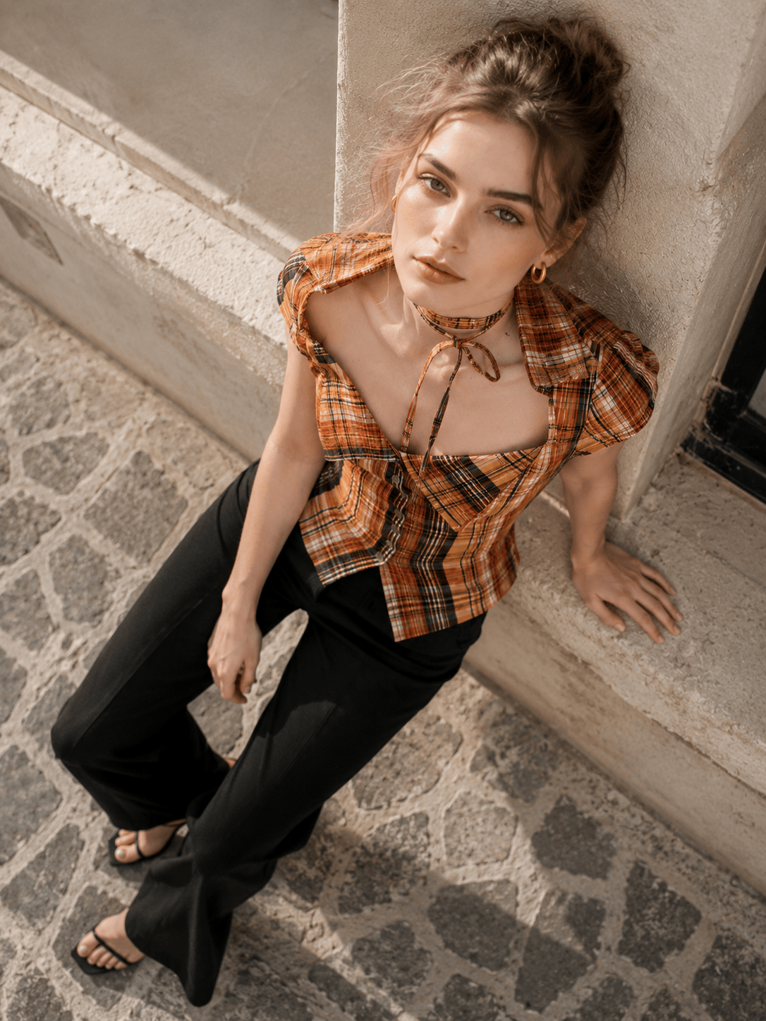 Plaid Fitted Waist Tie Neck Short Button Front Blouse