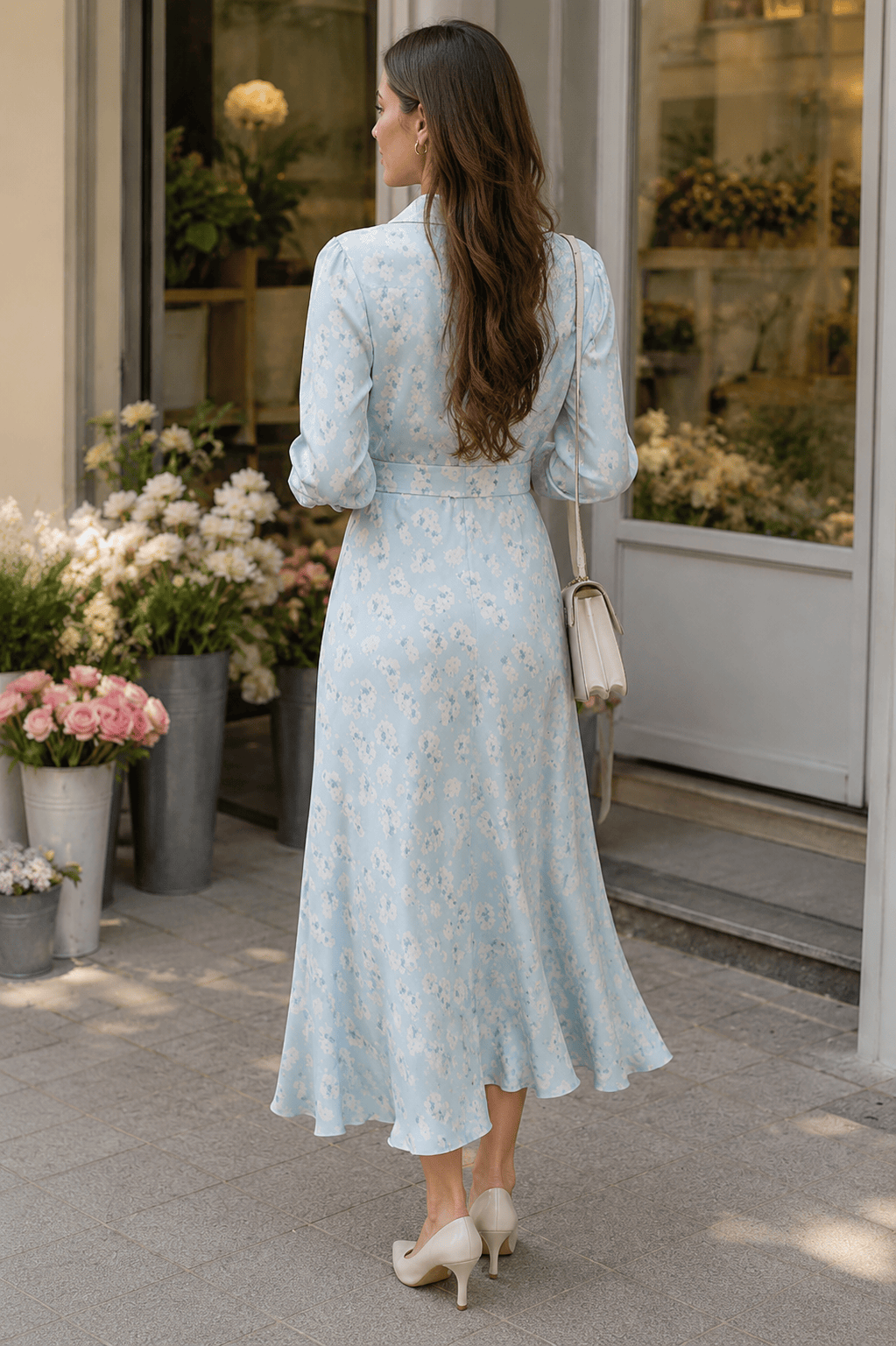 Collared Long Sleeve Satin High Waist Floral Dress