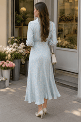 Collared Long Sleeve Satin High Waist Floral Dress