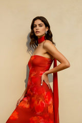 Satin Backless Strapless Print Vacation Dress