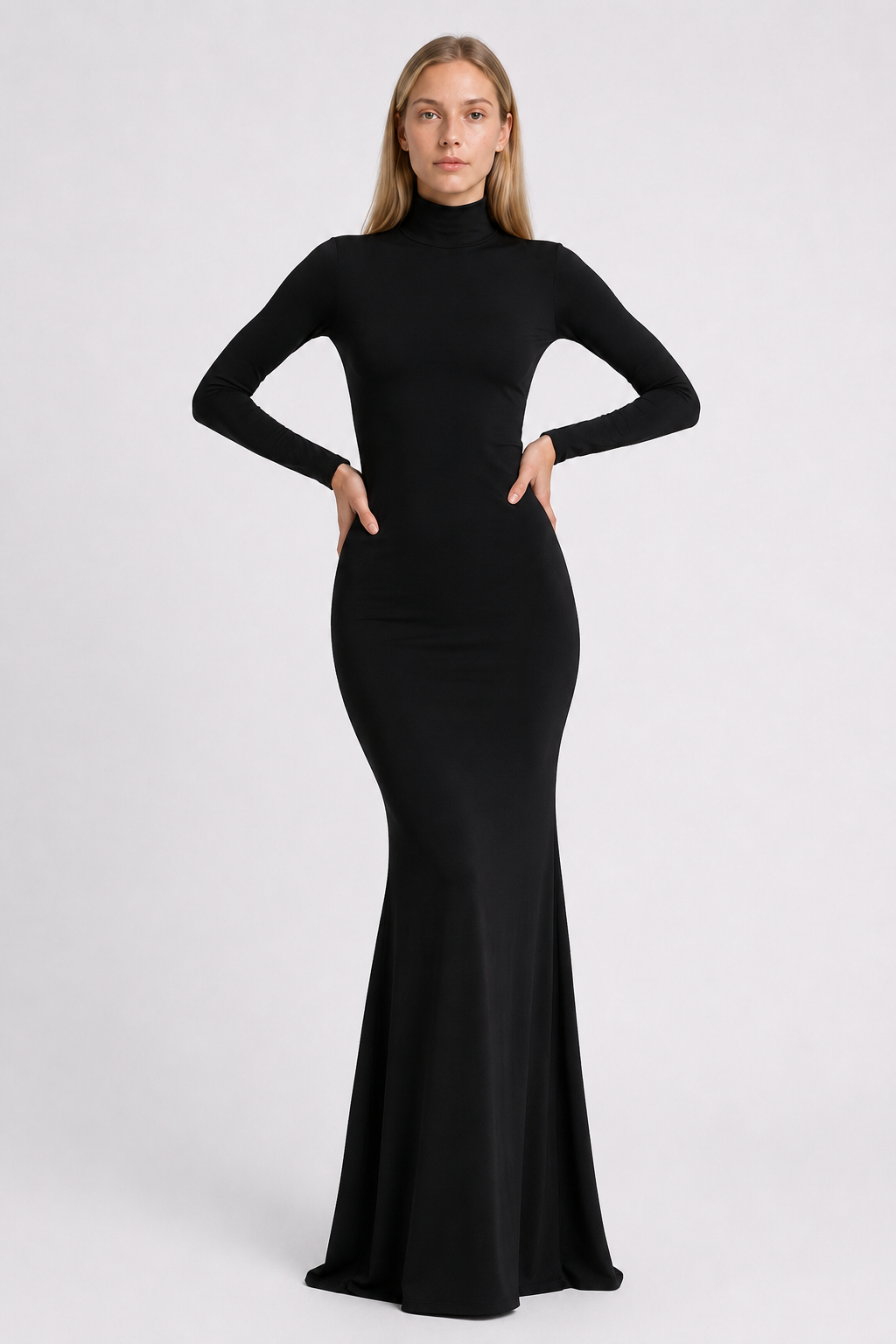 Solid Color High Neck Long Sleeve Maxi Dress