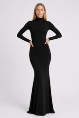Solid Color High Neck Long Sleeve Maxi Dress