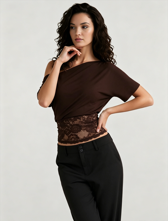 Asymmetric Off Shoulder Lace Waist Slim Crop T-shirt