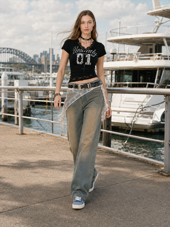 Lace Patchwork Cropped Slim T-shirt