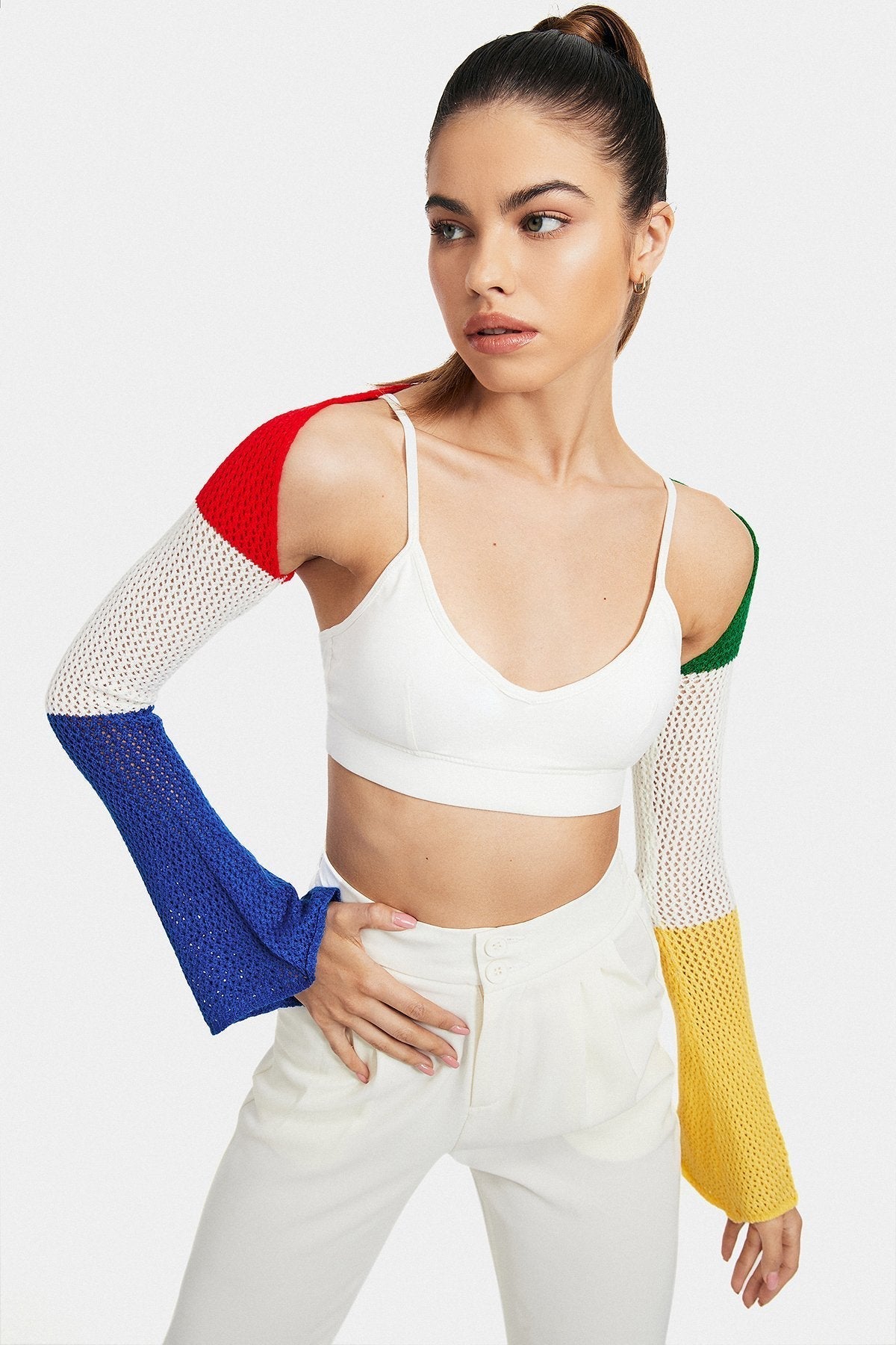 Knitted Colorblock Long Sleeve Top Without Cami Top