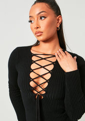 Janette Black Knitted Mini Dress With Tie Front