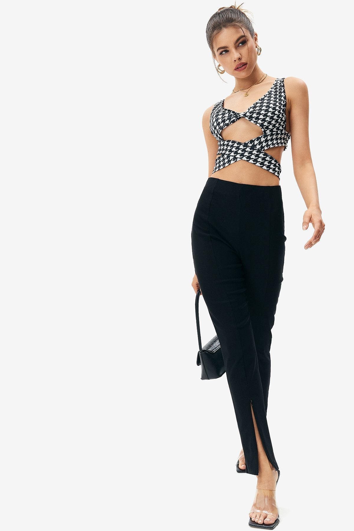 Solid Split Hem High Waisted Pants