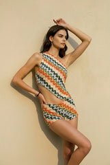 One Shoulder Tie Back Stripe Knit Shorts Vacation Set