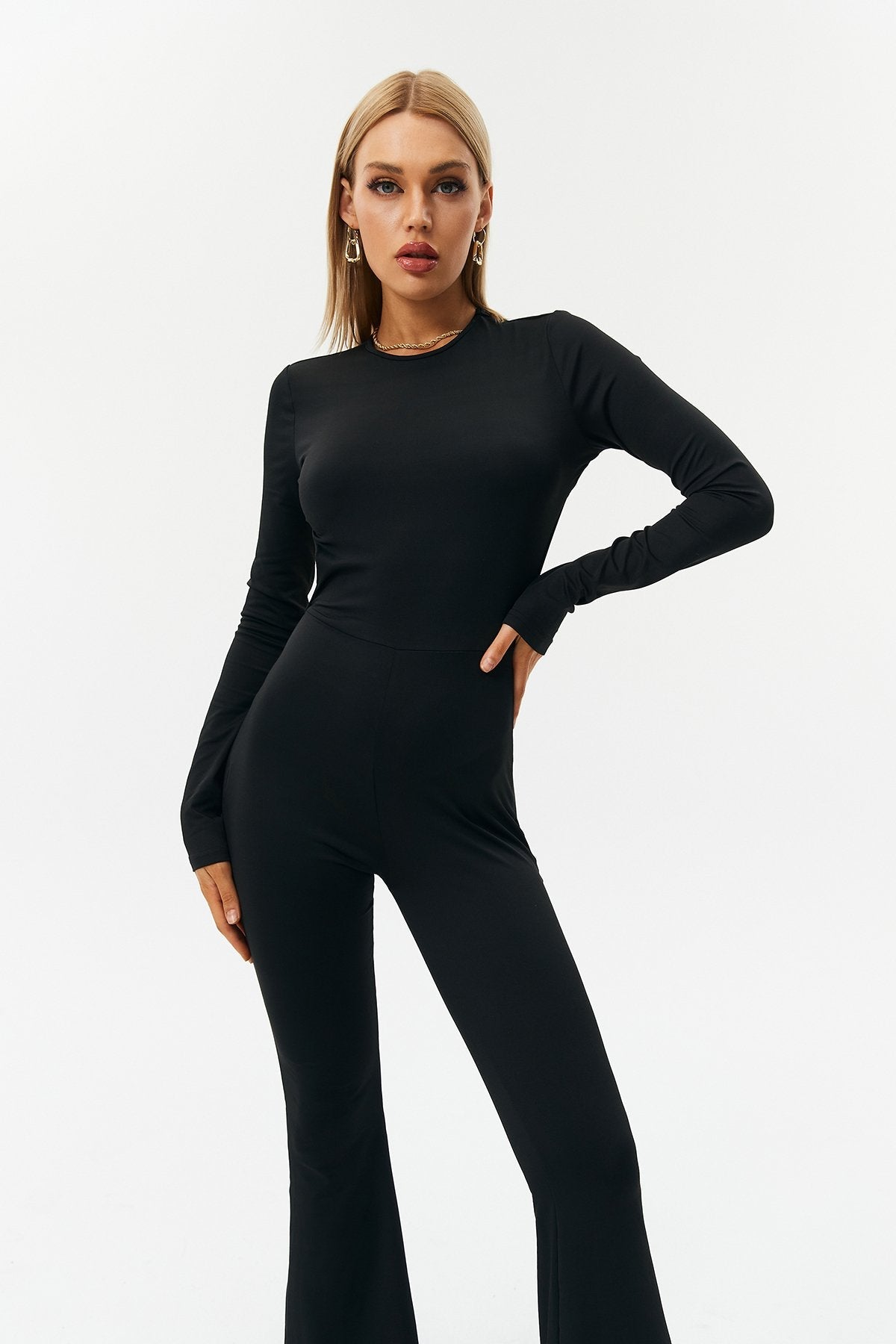 Solid Open Back Flared Leg Jumpsuit