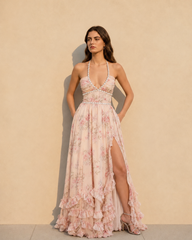 Elegant Floral Pearl Cami Flared Maxi Dress