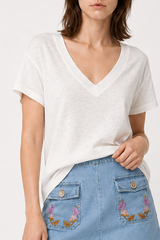 Minimalist Solid Deep V Neck Slub Cotton Loose T-shirt