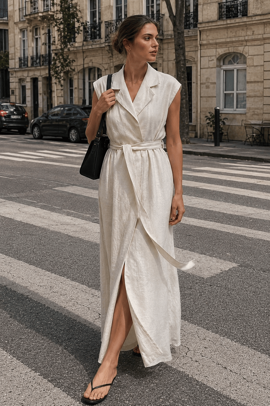 Linen Cotton High Waist Slit Tie Maxi Dress