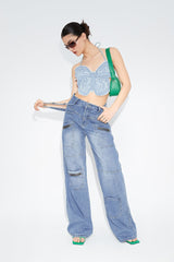 Low Waist Pocket Patched Wide Leg Jeans
