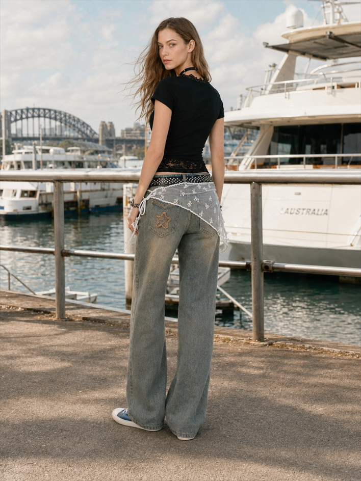 Lace Patchwork Cropped Slim T-shirt