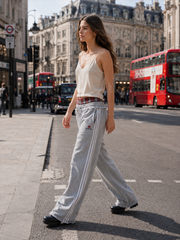 Stripe Plaid Panel Double Waist Wide Leg Pants