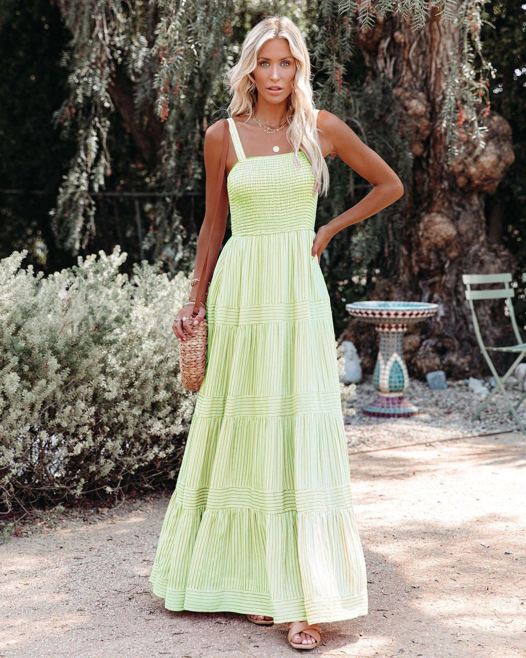 Pinstripe Shirred Backless Long Cami Dress