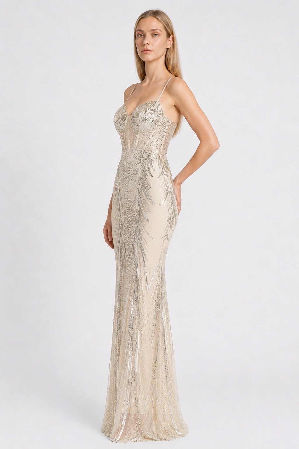 Boned Sequin Embroidered Formal Dress