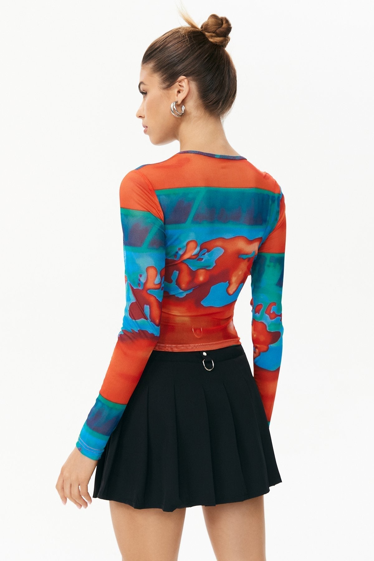 Abstract Print Mesh Long Sleeve Top