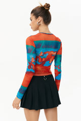 Abstract Print Mesh Long Sleeve Top