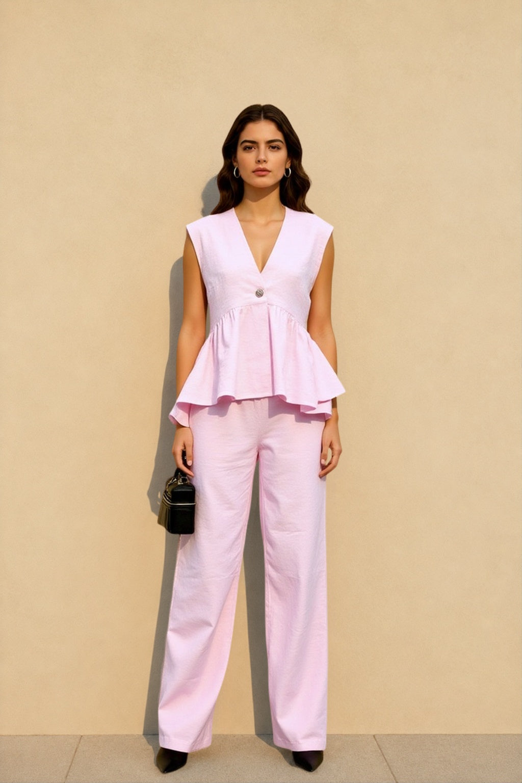 Cotton V Neck Sleeveless Vest Pants Two Piece Set