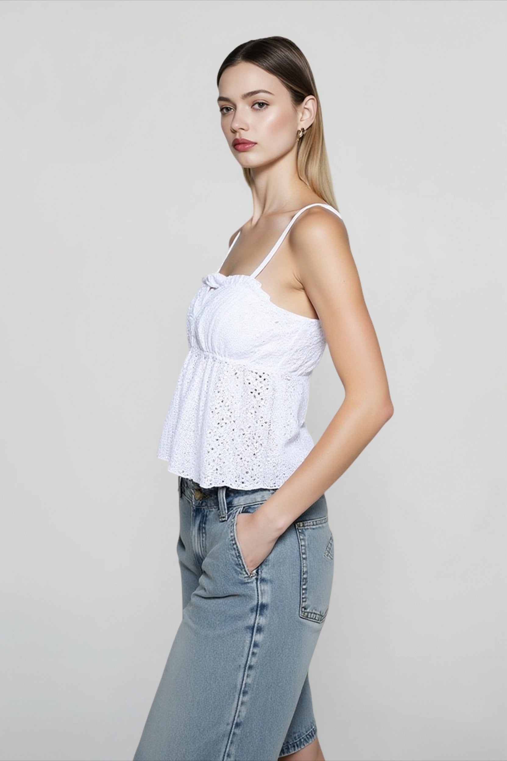White Jacquard Cropped Cami Top