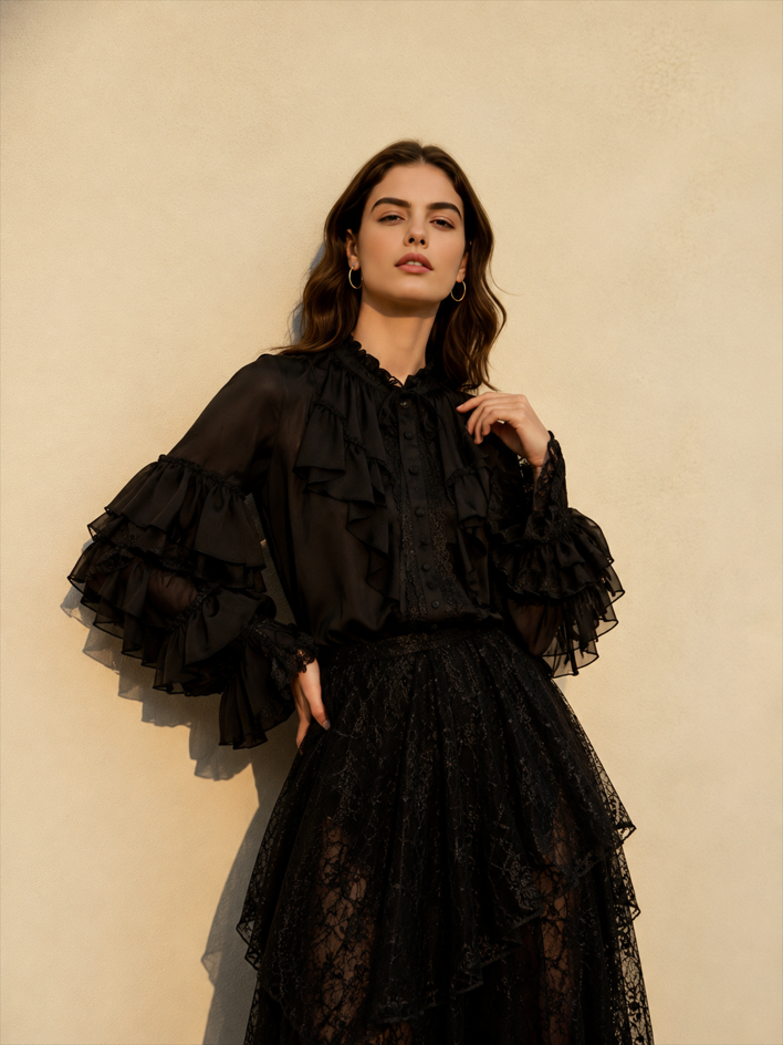 Dark Frill Batwing Sleeve Top