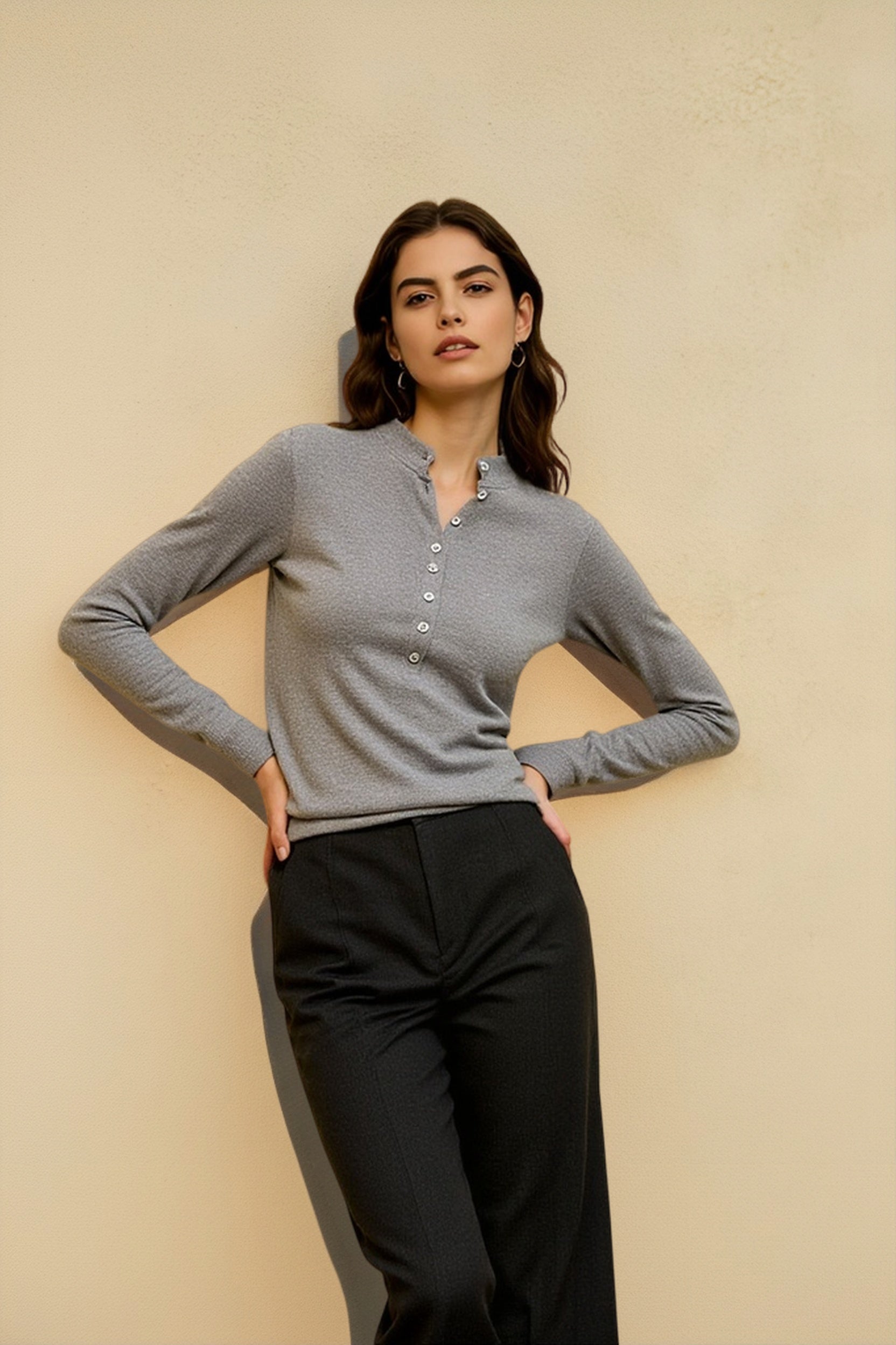 Fitted Henley Button Slim Crew Neck Long Sleeve Blouse