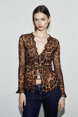 Leopard Mesh Chiffon Lace Sheer Top