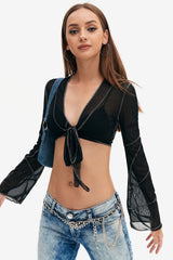 Mesh Top-stitching Tie Back Crop Top