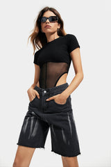 Mesh Splicing Short Sleeve Solid Bodysuit