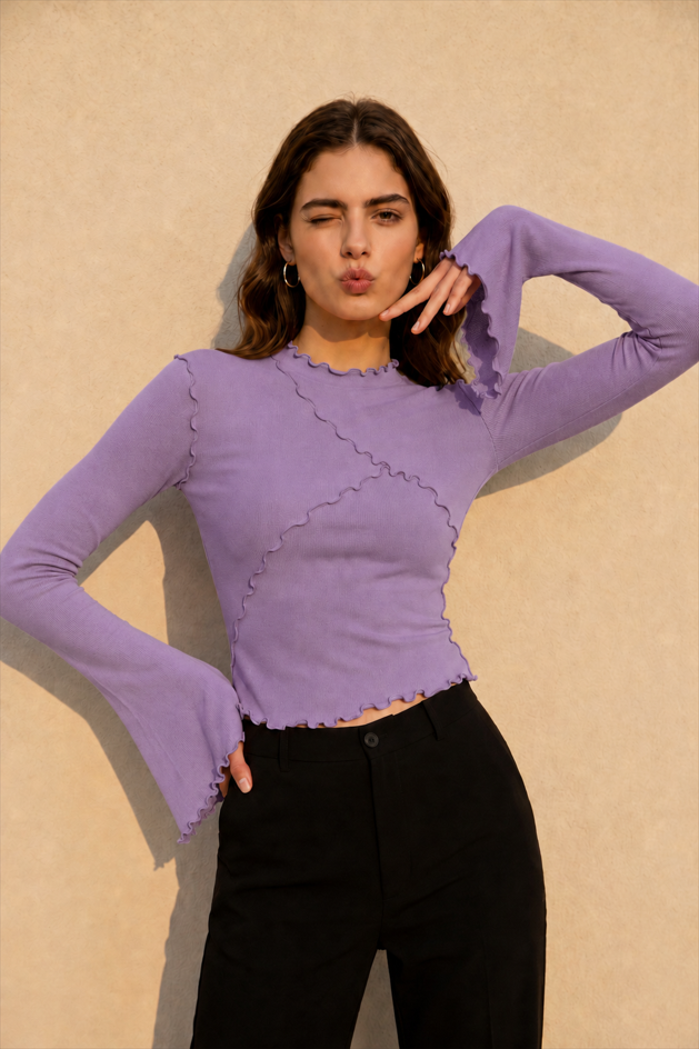 Solid Mock Neck Paneled Ruffled Long Sleeve Tee