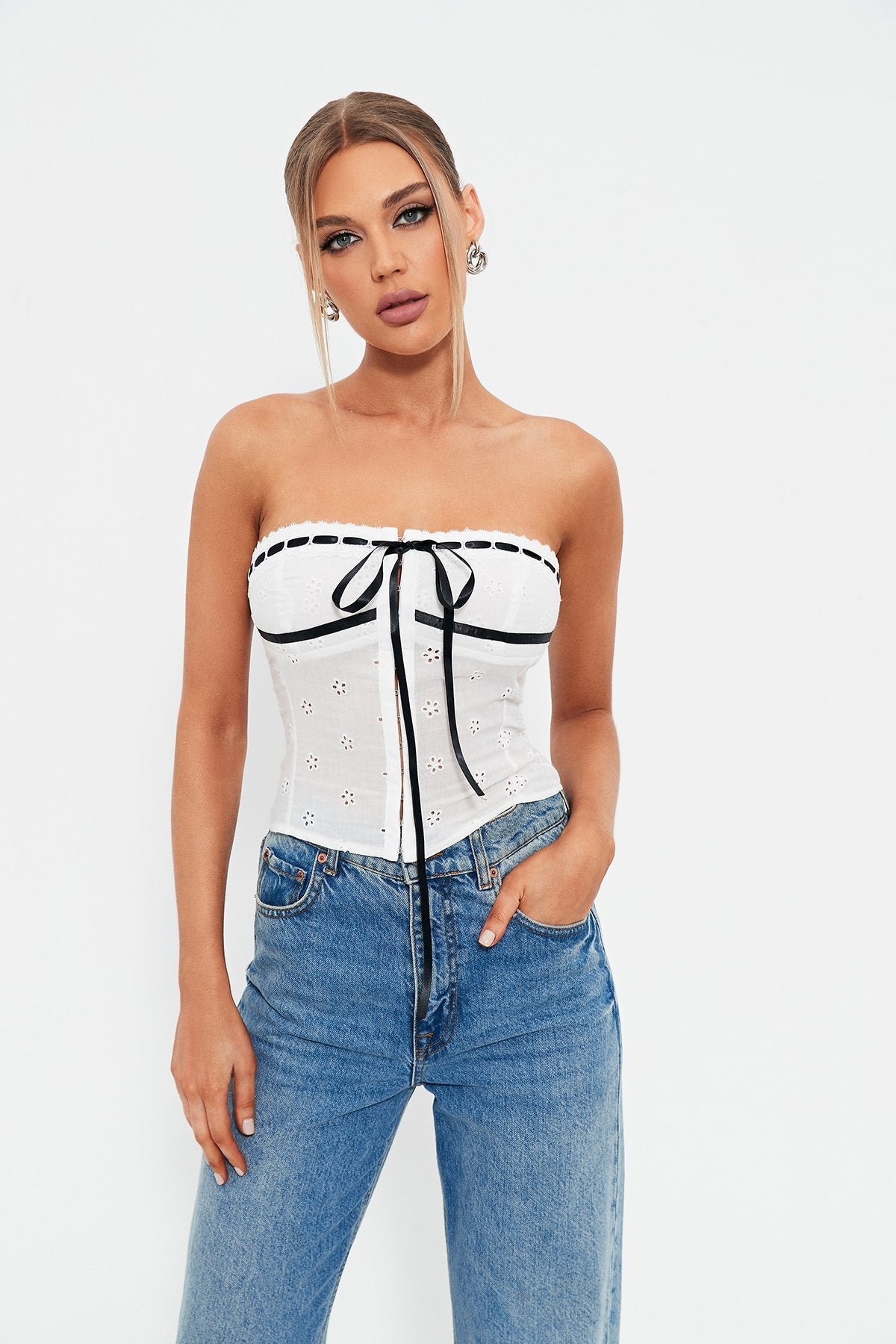Off Shoulder Colorblock Trim Tie Front Jacquard Corset Top