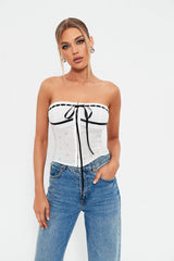 Off Shoulder Colorblock Trim Tie Front Jacquard Corset Top