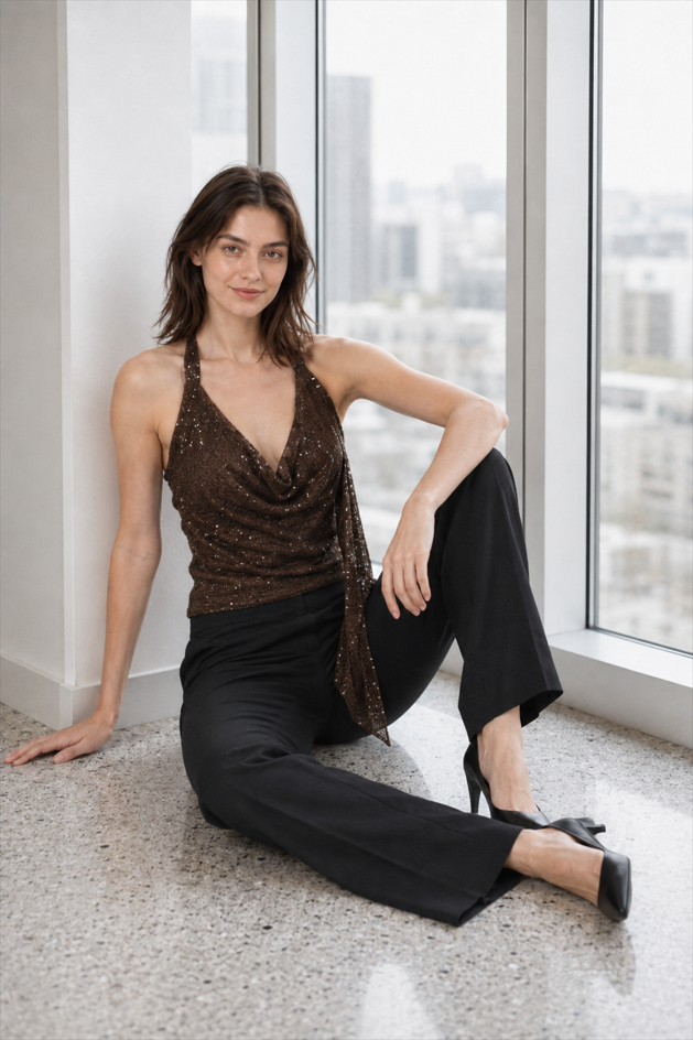 Glitter Solid Sheer Draped Halter Top